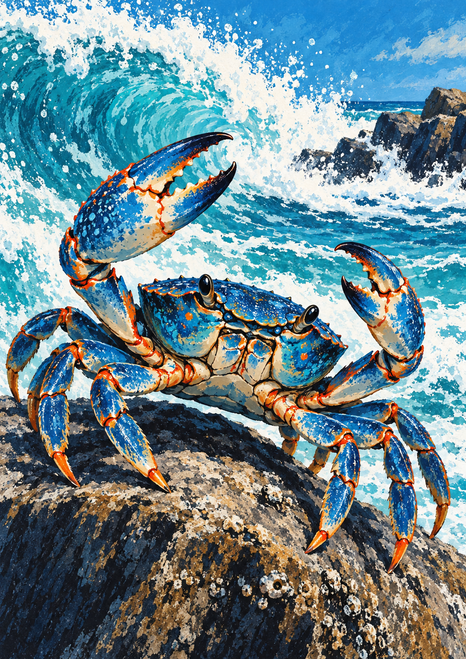 Large blue crab with orange-red joints and raised claws on a dark rock before a curling turquoise wave with white foam.