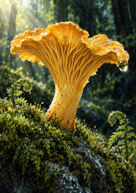 Oversized golden ridged mushroom with a rain bead on its cap rises from a mossy rock among ferns in a dark forest.