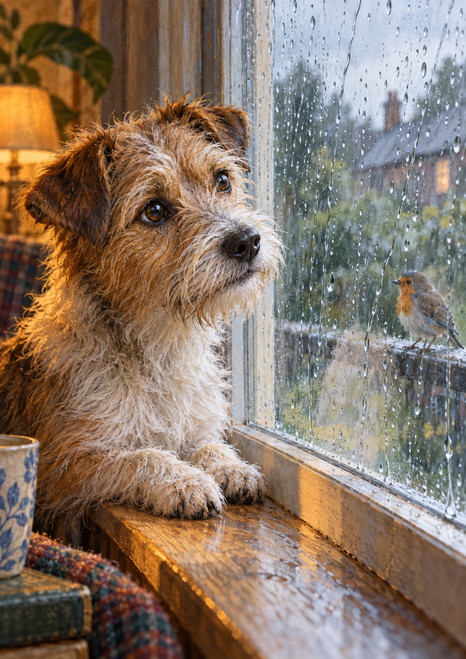 Shaggy tan-and-brown terrier on a wooden sill watching a small bird outside a rain-streaked window.
