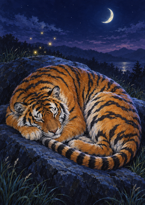 Adult tiger curled asleep on a dark rock beneath a crescent moon, with glowing points, grasses, and a distant wooded landscape.