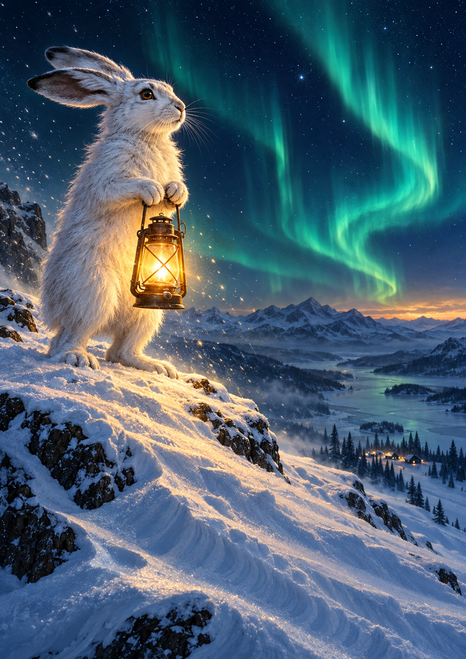 A white hare stands on a snowy ridge holding a glowing amber lantern beneath a green and turquoise aurora.
