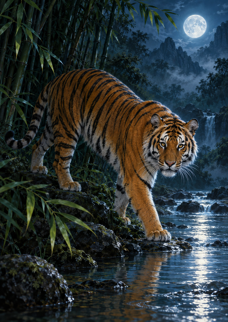 An orange-and-black striped tiger steps over rocks beside a blue moonlit stream, with bamboo and distant mountains behind.