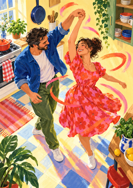Smiling adult couple dancing in a colorful kitchen, with raised clasped hands, a flared dress, cookware, plants, and curved motion marks.