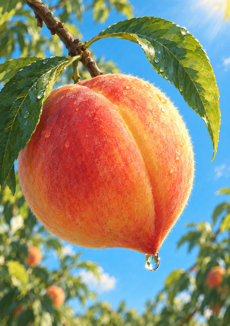 Close-up of a ripe peach attached to a branch, framed by green leaves, with a droplet hanging from its tip against a blue sky.