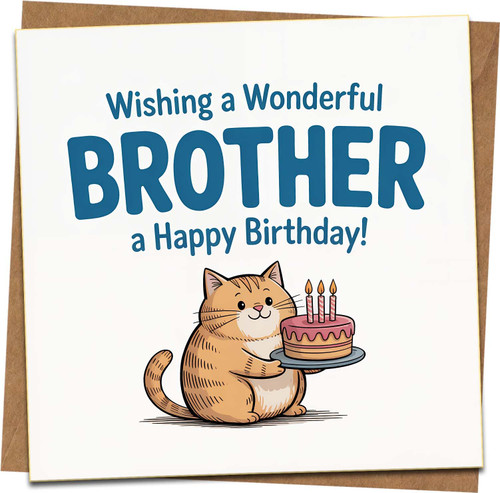 Brother Birthday Card - Cute Cat with Cake, Square 145mm x 145mm, “Wishing a Wonderful Brother a Happy Birthday”, Includes Kraft Envelope