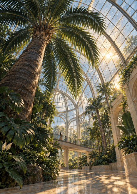 Towering palm beneath an arched glass conservatory roof, with a curved walkway and sunlight reflecting on the atrium floor.