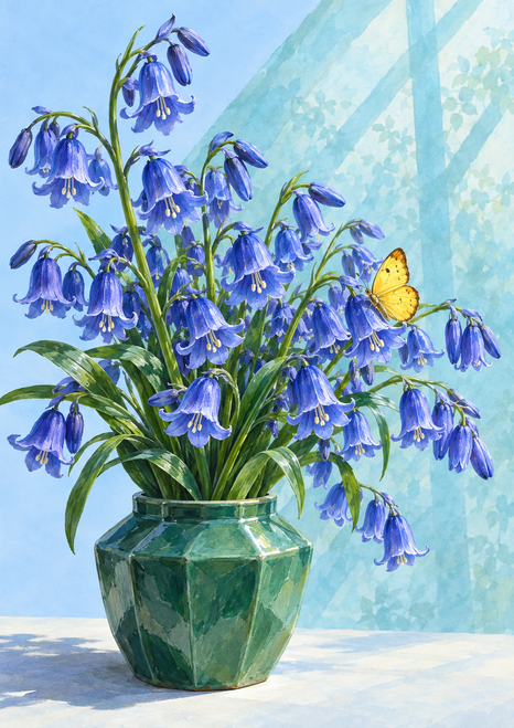 Cobalt bell-shaped flowers and green leaves in a faceted jade vessel, with a yellow butterfly among the blooms.