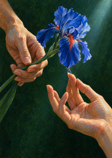 One hand holds a blue iris above another open hand, with a small blue droplet suspended between them against deep green.