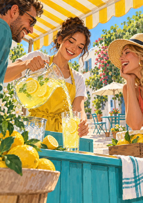 A vendor pours lemonade into a glass as two smiling friends lean across a turquoise counter beneath a striped awning.