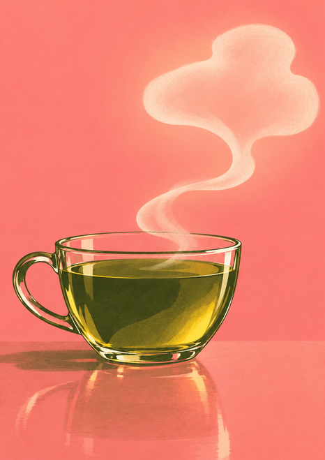 A clear handled glass cup of olive tea sits on a coral surface as pale steam curls upward into a cloud shape.