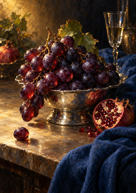 Dark purple grapes spilling over a reflective silver-colored bowl beside a cut pomegranate, tall glass, blue cloth, and loose grape.