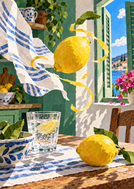 A lemon and curling zest swirl above a kitchen table beside a striped towel, a second lemon and sparkling water.