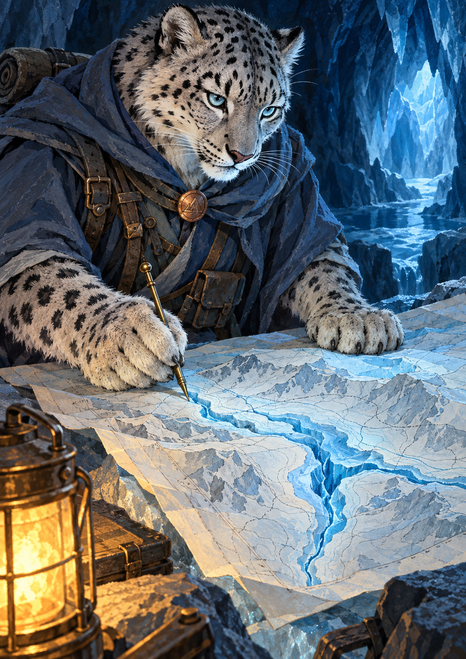 An anthropomorphic snow leopard in expedition clothing traces a blue fissure on a luminous ice map beside a glowing lantern in a dark cave.