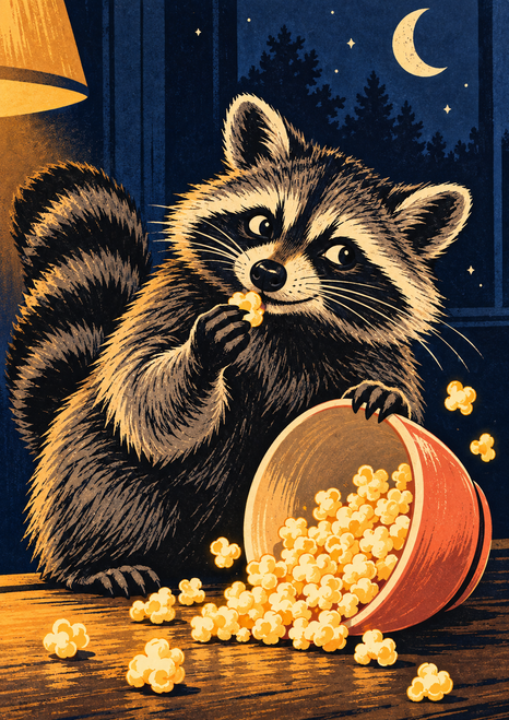 Illustrated raccoon holding a popcorn kernel beside a tipped coral bowl in a warmly lit room at night.