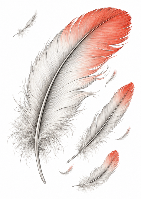 Three fine-line feathers with coral-red tips float diagonally on a white background, accompanied by small detached wisps.
