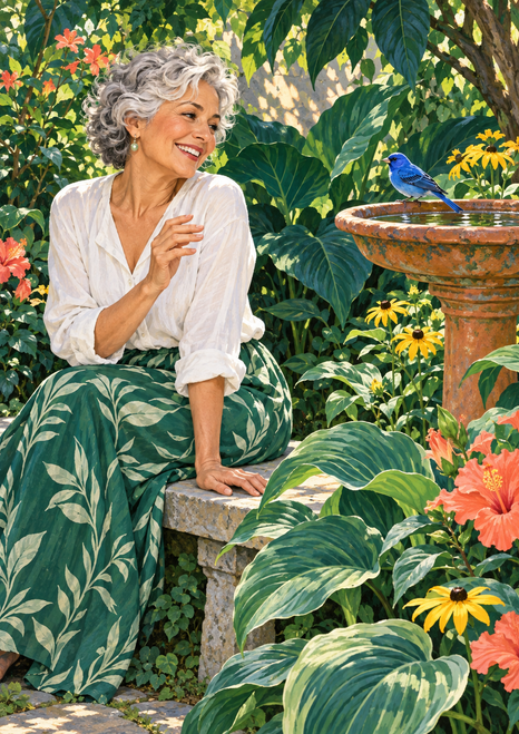 Older woman on a stone bench smiling at a blue bird perched on a terracotta birdbath among dense green foliage and colorful flowers.