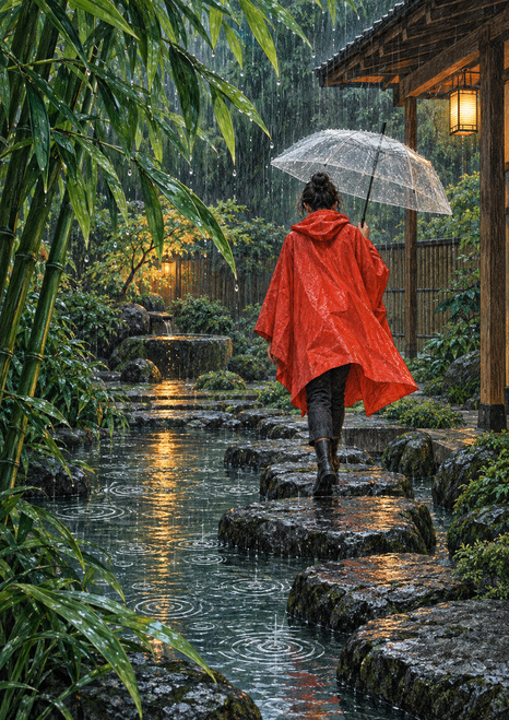 A person in a red rain cape walks across wet stepping stones under a transparent umbrella in a rainy bamboo courtyard with a glowing lantern.