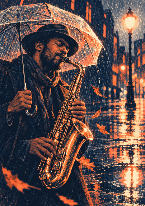 Bearded saxophonist playing beneath a dark umbrella in the rain, with orange leaves and streetlamp reflections on wet pavement.