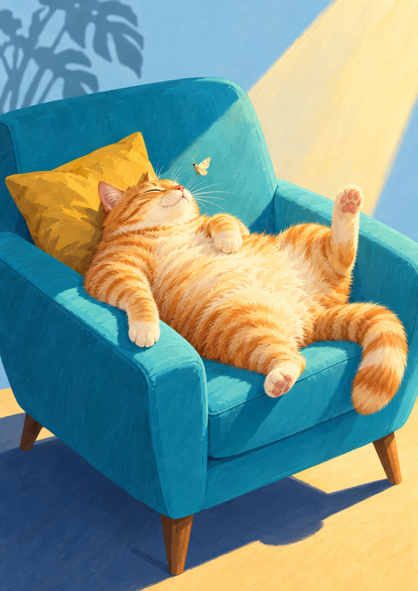 Ginger tabby cat lounging belly-up on a turquoise armchair in a diagonal sunbeam, with a moth nearby.