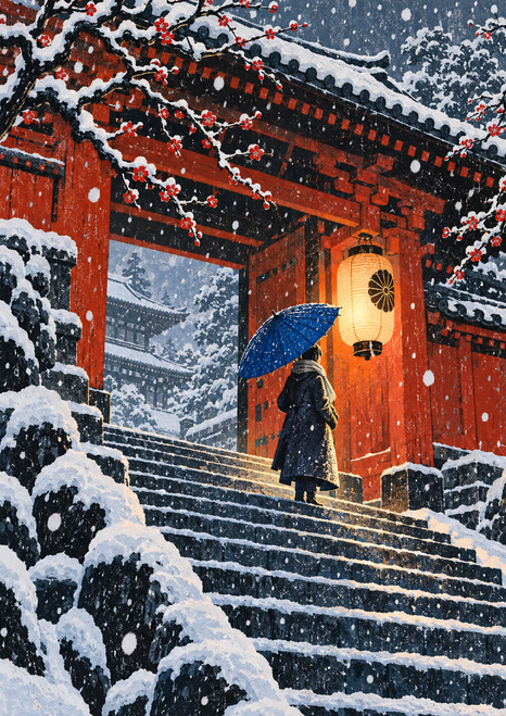 Bundled adult beneath a blue umbrella on snowy stone steps by a red timber gate and glowing lantern.