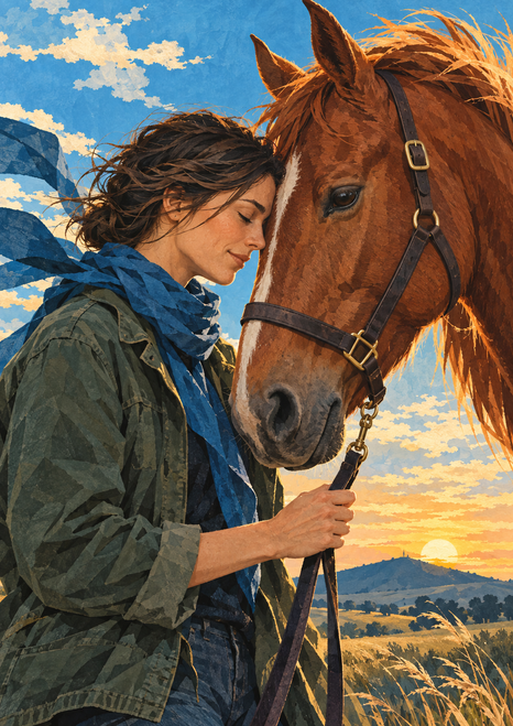 An adult rider in a blue scarf rests their forehead against a chestnut horse against a golden countryside sky.