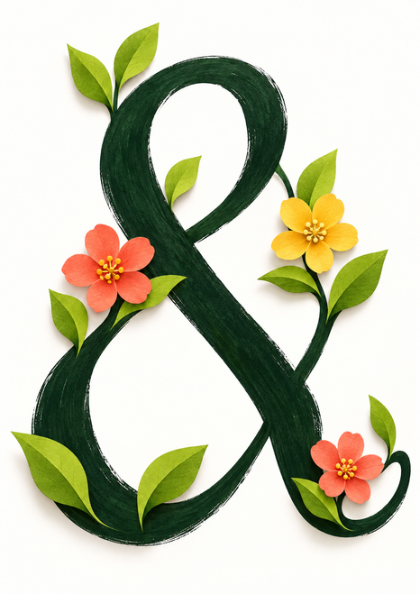 A large dark-green ampersand entwined with green leaves and three coral and yellow flowers on a warm-white background.