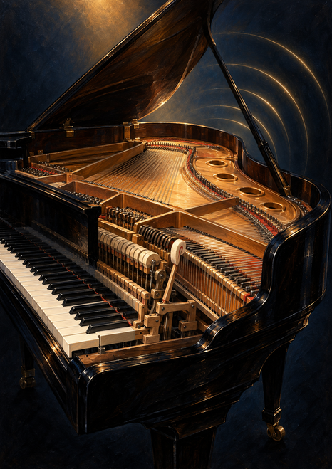 A grand piano with its lid raised to reveal strings, soundboard and action, with amber arcs against a dark background.