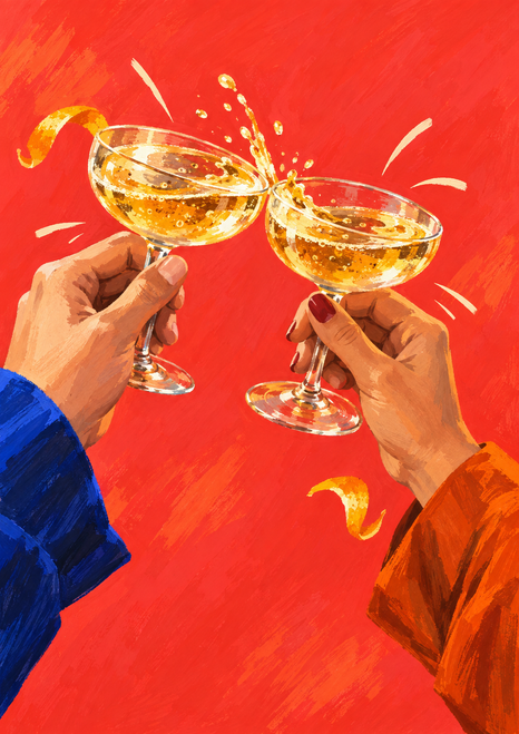 Two hands in blue and orange sleeves clink coupe glasses as golden liquid splashes between them against a red-orange background.