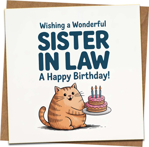 Funny Sister-in-Law Birthday Card – Cute Cat with Cake – 145mm x 145mm Square Greeting Card with Kraft Envelope
