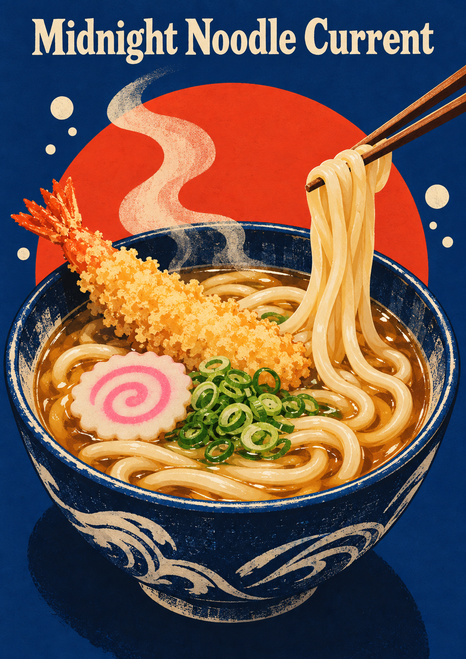 Patterned indigo bowl of udon with amber broth, scallions, spiral fish cake, lifted noodles, and a long tempura shrimp beneath the title Midnight Noodle Current.