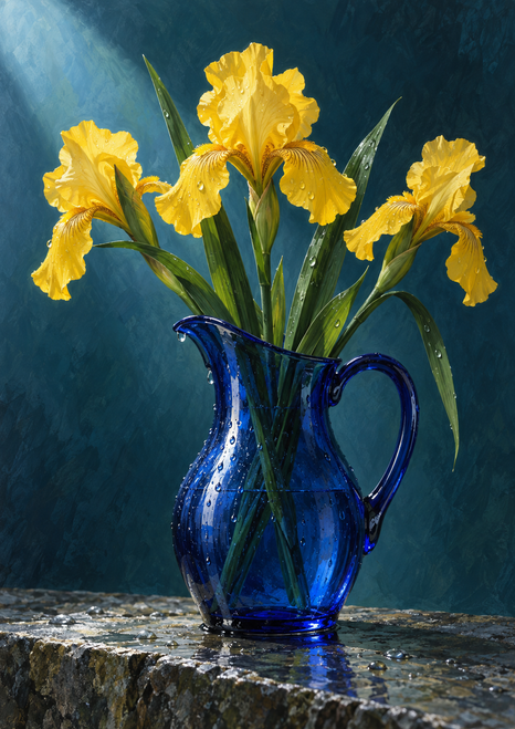 Three yellow irises and long green leaves in a glossy cobalt-blue glass pitcher on a wet stone ledge.