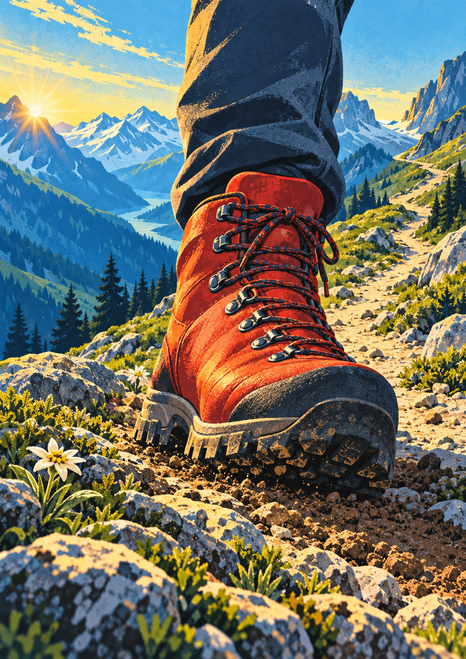 Oversized red-orange hiking boot on a rocky alpine trail, with distant peaks, conifers, sunrise, and white flowers.