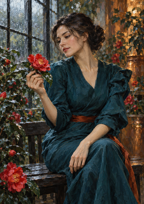 Seated woman in a teal dress holding a red camellia in a leafy conservatory with rain-streaked glass.
