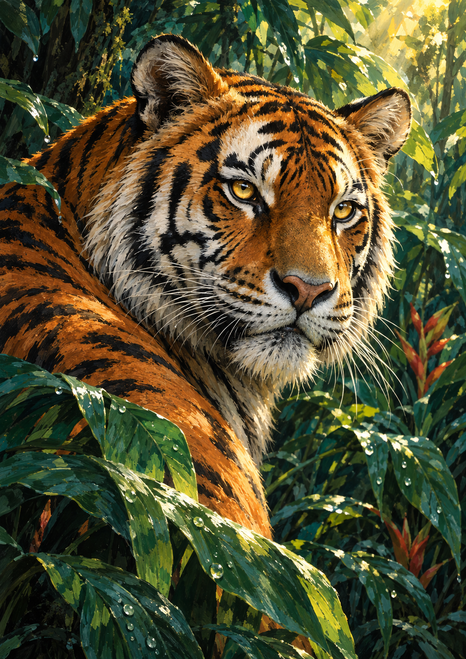 Close-up adult tiger with amber eyes and closed mouth, framed by dense green tropical foliage.
