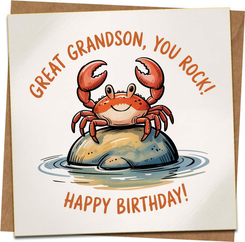 Great Grandson Birthday Card – Cute Crab “You Rock” Design, 145mm x 145mm Square, Happy Birthday Message, Premium Greeting Card with Kraft Envelope