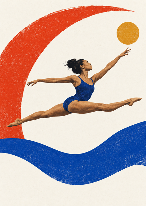 Adult dancer in a wide leap above a cobalt band, reaching toward an ochre circle beneath a vermilion arc.