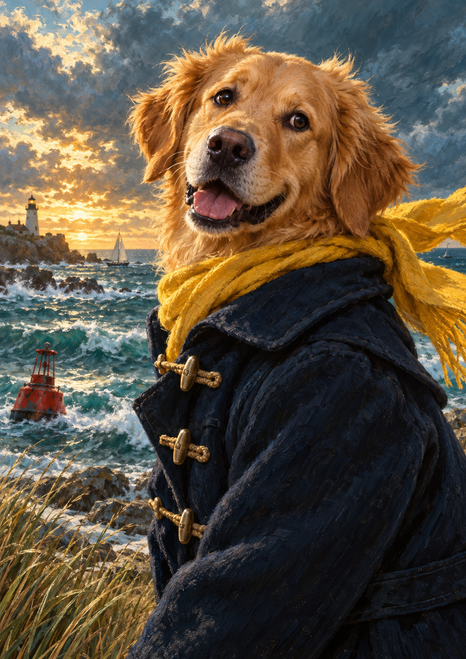 Golden-coated dog in a dark coat with brass toggles and a yellow scarf, pictured against a stormy sea with a lighthouse, sailboat and red buoy.