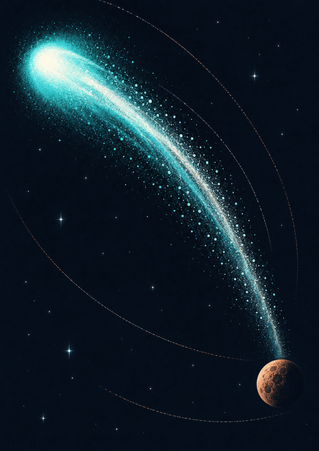 Turquoise-white comet with a broad curved trail sweeping toward a small copper-toned cratered moon in a dark star field.