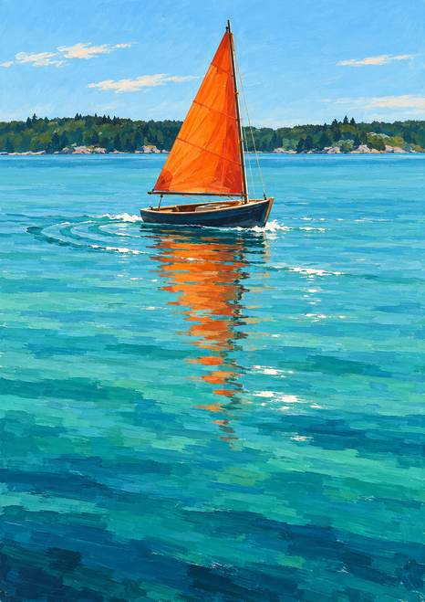 Small sailboat with a red-orange triangular sail and dark hull floats on turquoise water, casting a long orange reflection before a wooded shoreline.