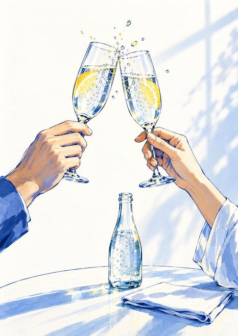 Two hands clink clear stemmed glasses with citrus slices above a table holding a clear bottle and folded napkin.