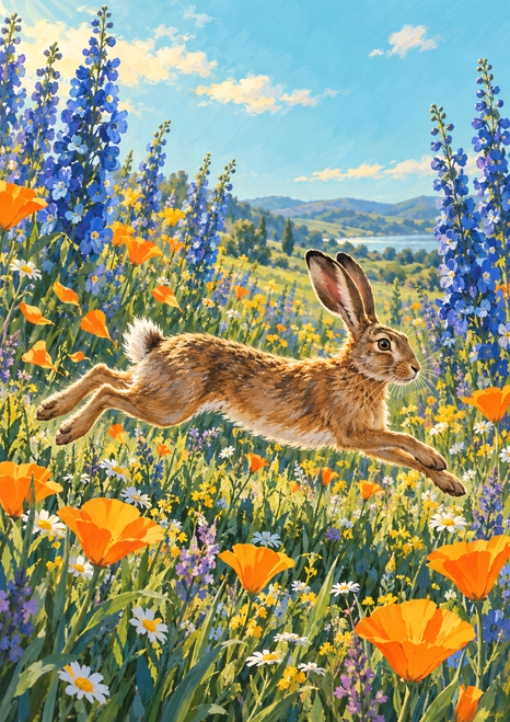 Brown hare leaping horizontally through a green meadow of blue flowers and orange poppies, with distant hills and pale blue sky.