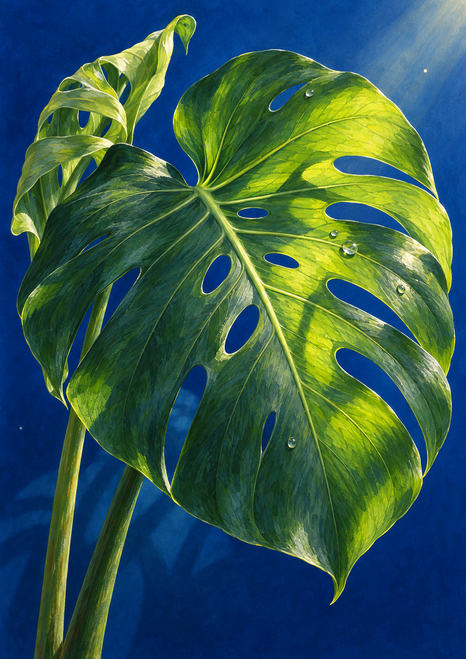 A large luminous monstera leaf with visible splits and droplets, with a curled young leaf behind it on a blue background.