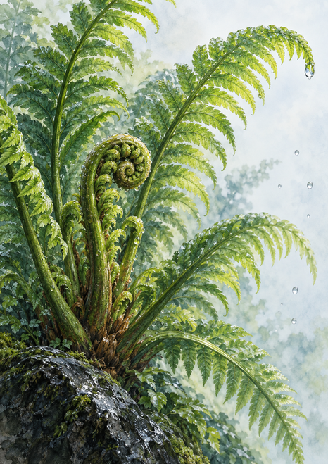 Large green fern with a coiled fiddlehead and arching fronds, rain droplets, and a dark wet rock against a pale gray background.