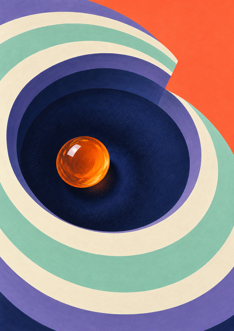 Glossy orange orb in a dark indigo oval depression surrounded by concentric mint, ivory and violet bands and a coral wedge.