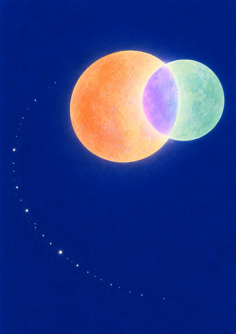 Overlapping apricot and mint discs with a lilac glow and curved white point trail on a deep cobalt background.
