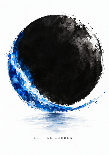 A textured black disc is crossed and partly encircled by a vivid blue brushstroke, with a pale blue reflection and small title lettering below.