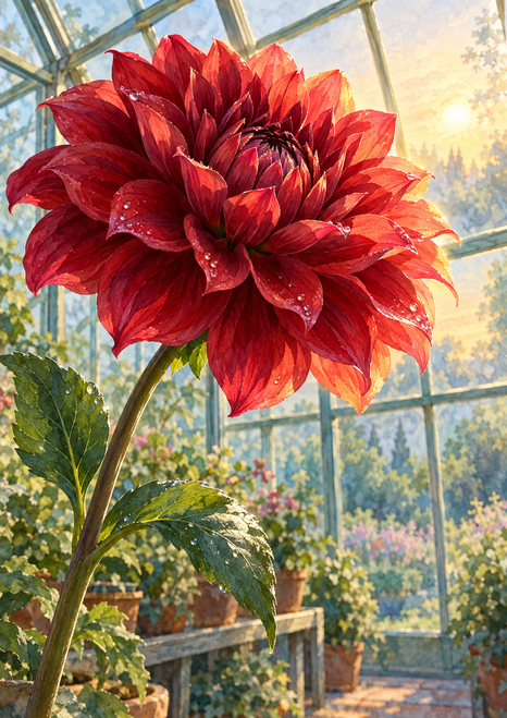 Large ruby-red dahlia with dew highlights in a sunlit greenhouse, with broad leaves, glass panes, benches, and potted plants.