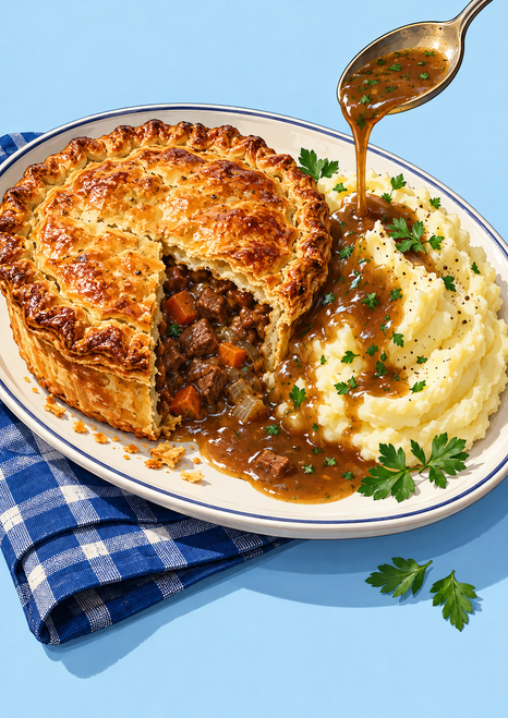 Golden cut-open meat pie beside mashed potatoes topped with gravy, with a spoon pouring gravy, parsley, and a blue checked napkin.