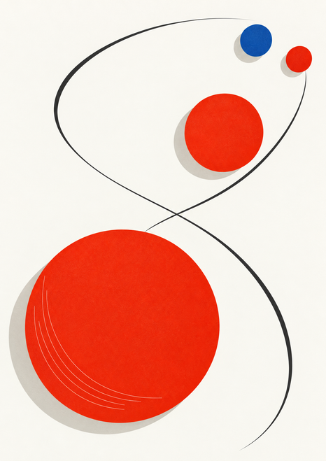 Abstract poster with vermilion discs and crossing charcoal arcs on a warm off-white background, accented by a small cobalt disc.