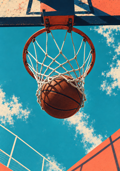 An orange-brown basketball sits in a white net beneath a red-orange hoop against a turquoise sky.